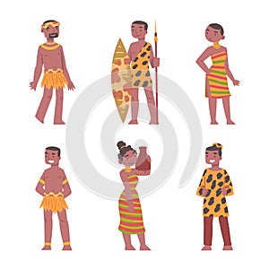 Barefoot African Aboriginal Man and Woman Character Dressed in Traditional Tribal Clothing with Vase and Spear Vector