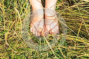 Barefoot child standing on grass