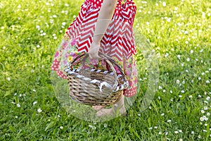 Barefoot forager discovers wonders of forest floor with wicker basket in hand, Simple joys childhood, Child's exploration photo