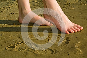 Barefoot legs on beach sand