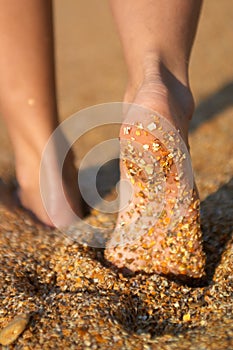 Barefoot legs on the sand beach