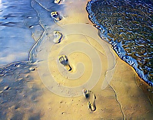 Barefoot marks on beach sand digital illustration. Blue yellow beach view with smooth sea wave.