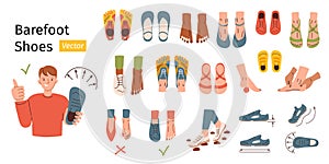 Barefoot shoes collection, man showing anatomic footwear, doodle icons of sandals, boots and sneakers, vector