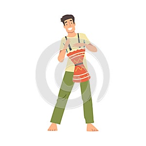 Barefoot Smiling Man Character Musician Performing Music Playing Drum Vector Illustration