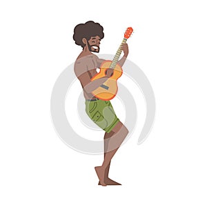 Barefoot Smiling Man Character Musician Performing Music Playing Guitar Vector Illustration