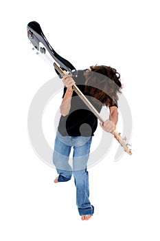 Barefoot Teen Boy Throwing Bass Guitar