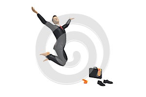 Barefoot toy miniature businessman figurine is jumping for joy and happiness, with colourful socks, shoes and briefcase, concept i