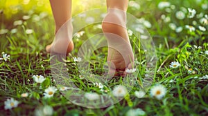 Barefoot Walk through Lush Grass and Wildflowers at Sunset. Generative ai