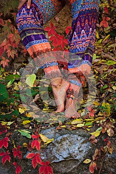 Barefoot woman legs in yoga pose in colorful autumn leaves ou