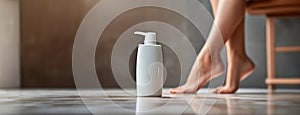 Barefoot Woman with Lotion in a Serene Bathroom. Bare feet female near a bottle on a tiled floor, self-care and beauty