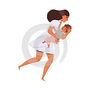 Barefoot Woman Refugee with Baby Leaving Homeland Fleeing from War Conflict Seeking Asylum Vector Illustration