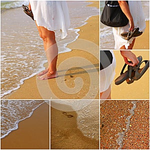 Barefoot woman standing on seashore with handbag and flip-flops in hands