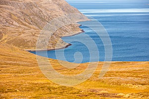 Barents sea. Beautiful rocky seashore Shoreline in northern Norway