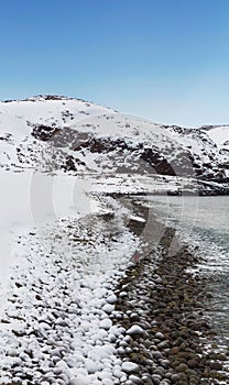 Barents sea coast in winter. Top view