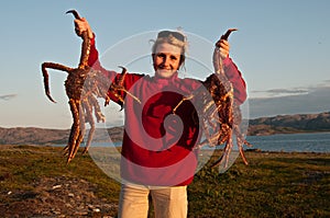 Barents sea diver with king crabs