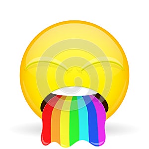 Barf emoji. Emotion of disgust. Spew rainbow emoticon. Cartoon style. Vector illustration smile icon.