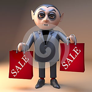 Bargain hunter cartoon vampire dracula lifts his shopping bags with sale branded on them, 3d illustration