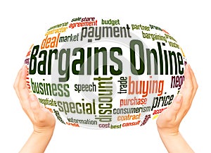 Bargains online word cloud hand sphere concept