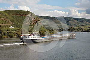 Barge on Rhine River wine region of Germany