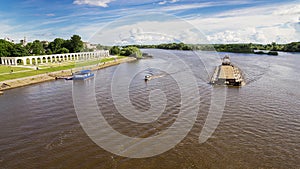 Barge on the river Volkhov in Veliky Novgorod, Russia