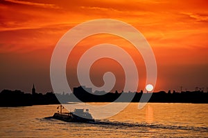 Barge at sunset