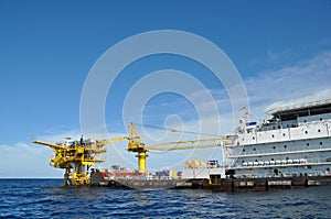 Barge and tug boat in open sea,Oil and gas platform in the gulf or the sea, The world energy, Offshore oil and rig construction