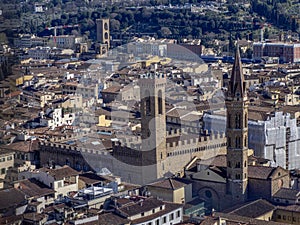 Bargello Palace Florence Aerial view cityscape from giotto tower detail near Cathedral Santa Maria dei Fiori, Brunelleschi Dome