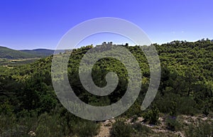 Bargeme Castle rising above the thickly forested Var