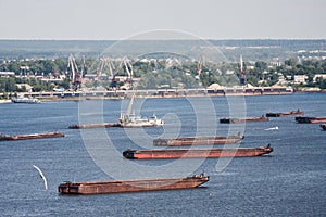 Barges are anchored on the Volga River