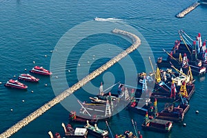 Barges parked along the breakwater