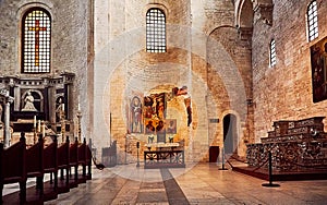 Bari, Puglia, Italy - April 30, 2019: Inside interior of Basilica of Saint Nicholas Basilica di San Nicola , a church in Bari.