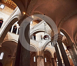 Bari, Puglia, Italy - April 30, 2019: Inside interior of Basilica of Saint Nicholas Basilica di San Nicola , a church in