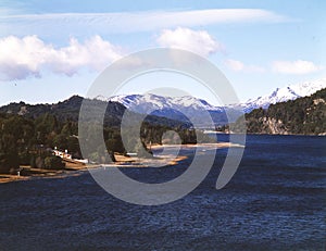 bariloche ,argentina,nahuel huapi lake mountain with snow panoramic viux,island and luxury building