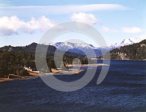 bariloche argentina,nahuel huapi lake mountain with snow panoramic viux,island and luxury building