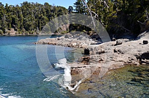 Bariloche, Argentina.Victoria Island view of the Anchorena Bay, Lake Nahuel Huapi from the side of a boat