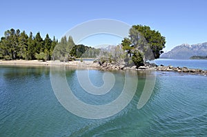 Bariloche, Argentina.Victoria Island view of the Anchorena Bay, Lake Nahuel Huapi from the side of a boat