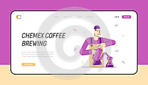 Barista Brewing Chemex Coffee Website Landing Page. Man Bartender Wearing Apron Pouring Hot Drink photo