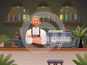 Barista in a cafe shop. Small business concept. Happy man in apron, cafeteria worker. Vector illustration