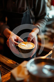 Barista in a checkered shirt presenting a freshly made latte with an intricate foam design.