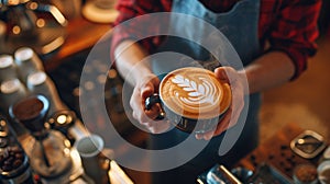 Barista in a checkered shirt presenting a freshly made latte with an intricate foam design.