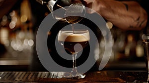 Barista Crafted Espresso Martini. A skilled barista pours a stream of espresso into a martini glass, the perfect