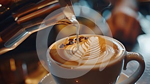 A barista expertly pouring milk into a latte art design creating a beautiful tulip photo