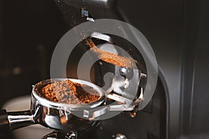 Barista grinding coffee beans using coffee machine, coffee grinder grinding freshly roasted make beans into a powder