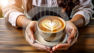 Barista Hands Holding a Cup of Cappuccino with Heart-shaped Foam - Generative Ai