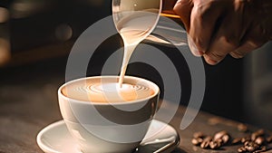 barista making latte art coffee on wooden table in coffee shop, Barista pouring milk into a cup of latte art coffee. coffee cup in