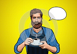 Barista man beard. Hot coffee. Pop art illustration