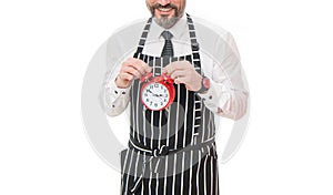 Barista man crop view. Barista holding clock. Barista hours. Coffeehouse cafe hours