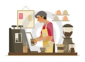 Barista Man Making Coffee at Bar Counter in Coffee Shop