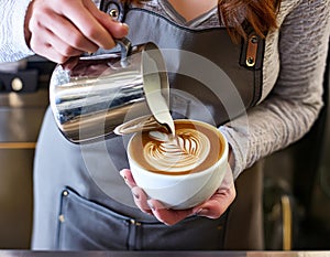 A barista perfecting latte art, pouring creamy froth into a cup of coffee photo