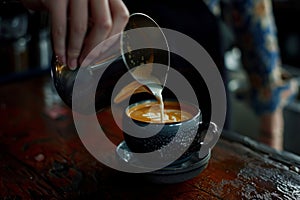 Barista pouring freshly brewed coffee into a cup. Generative AI